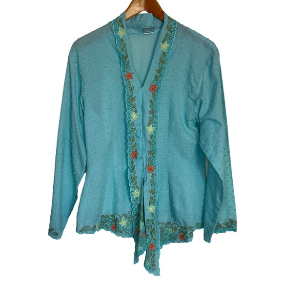 Matahari Batik Grace Blouse Women L Aqua Blue Floral Embroidered Cottagecore - Picture 1 of 9
